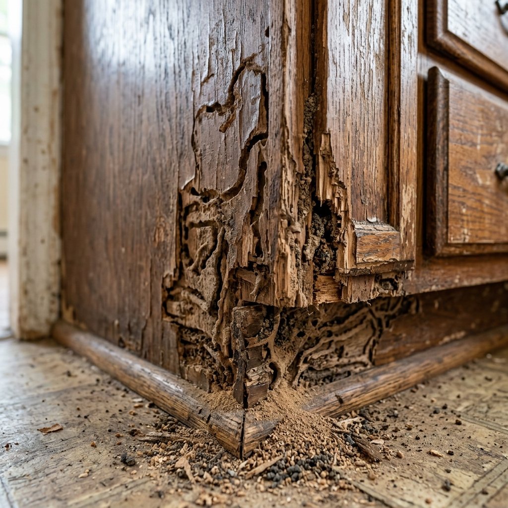 Termite damaged kitchen wood corner before biological gel treatment